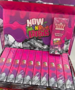 Whole Melt Now and Laters vape with colorful chewy candy pieces and fruity flavor visuals