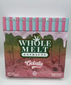 Whole Melt Gelato Edition premium live resin sugar with golden crystalline texture, rich terpene profile, and lab-tested cannabis concentrate in sealed jar