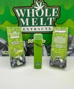 Whole Melt Melon Dew vape with fresh melon slices and citrus dew splash visuals
