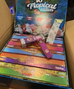 V6 Acai Tangie Flavor vape pen with vibrant acai berries and tangie oranges illustration