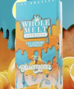 Whole Melt Extracts Bluemosa vape with blueberries and citrus orange slices in a vibrant tropical design
